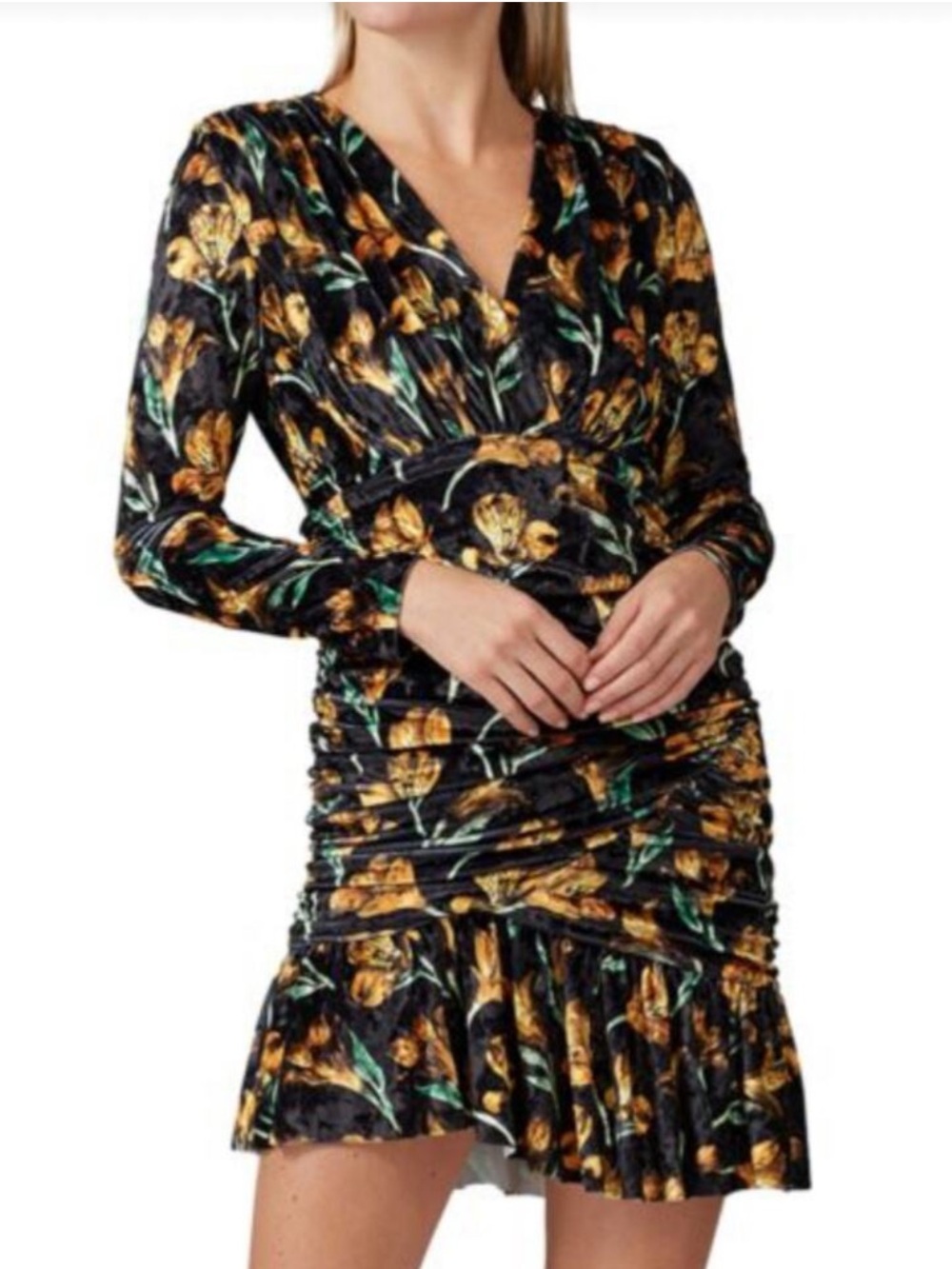 Delfi Collective velvet ruched Tiger Lilly floral faux wrap dress